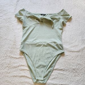 Shein pistachio light green bow tie front Bodysuit large stretchy off shoulder